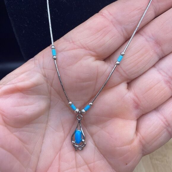 16” liquid silver turquoise necklace w/drop pendant and center turquoise stone - Picture 3 of 6